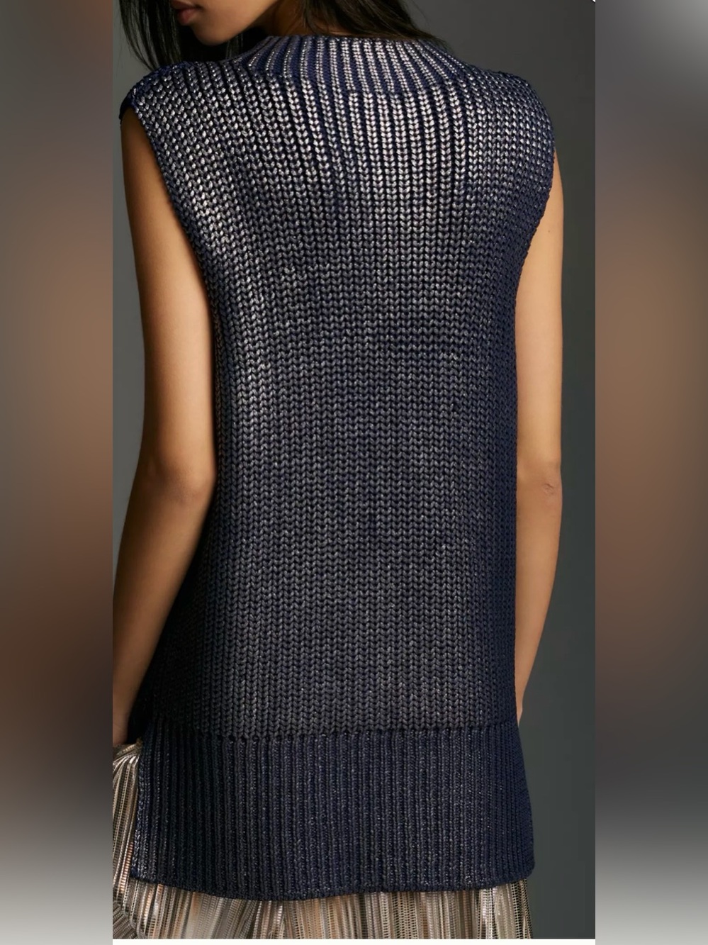Pilcro Oversized Foil Sweater Vest Size L Blue & Silver Statement Anthropologie - Picture 2 of 14